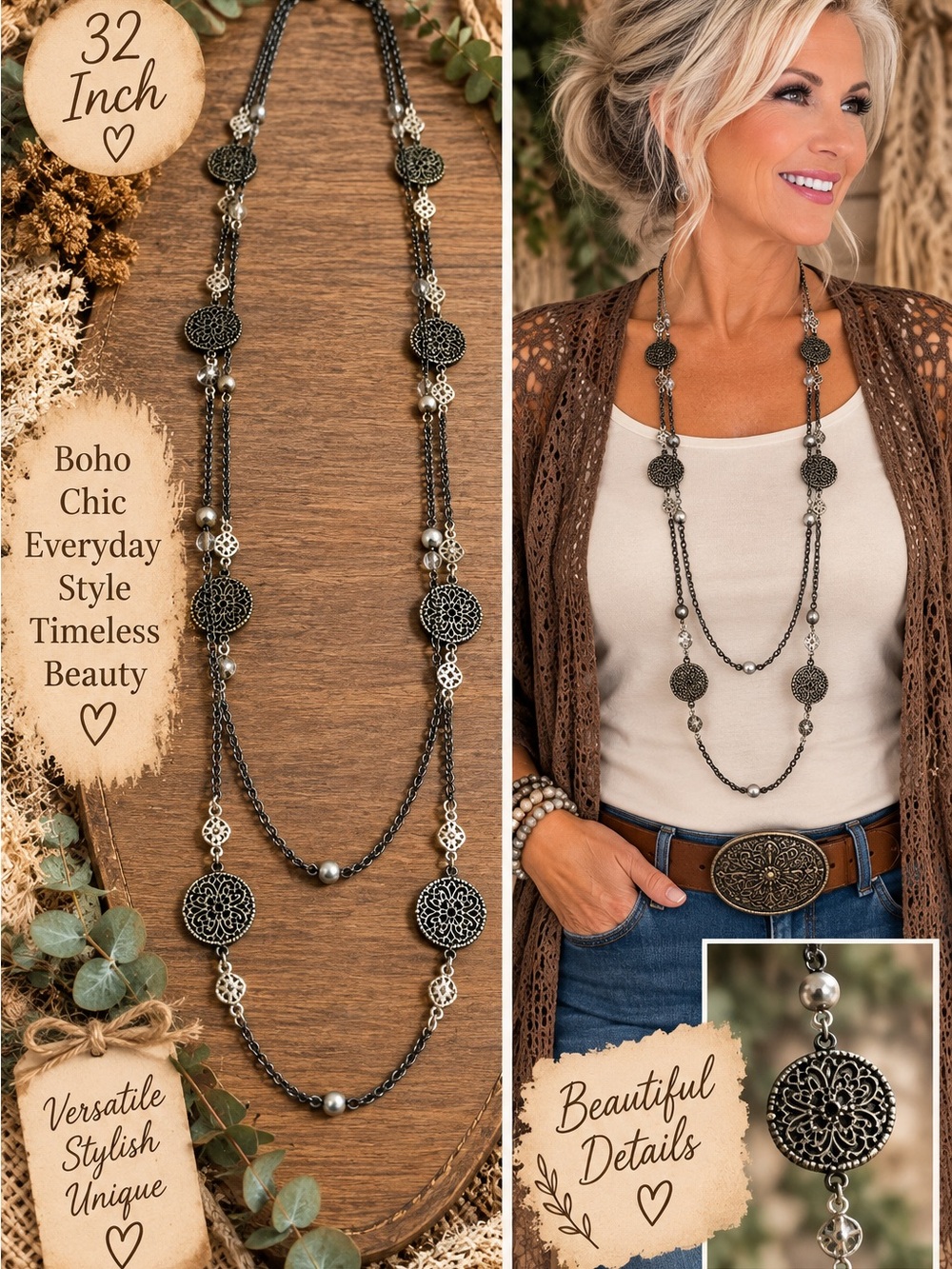 724 Boho Layered Filigree Necklace in Gunmetal Gray
